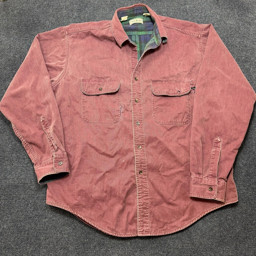 Vintage L.L. Bean Mens Large Red Corduroy Flannel Lined Long Sleeve Button Up